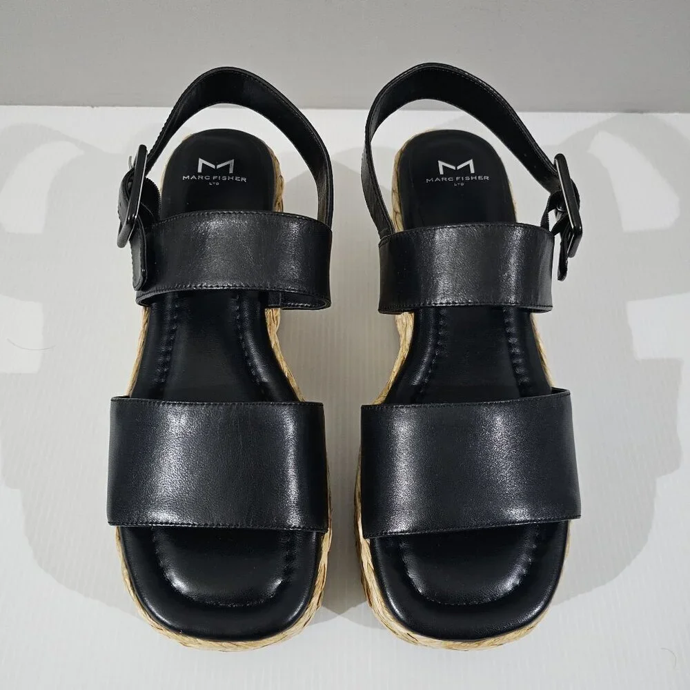 Marc Fisher LTD Patryce Platform Espadrille Sandal Size 9.5 Black Leather Raffia